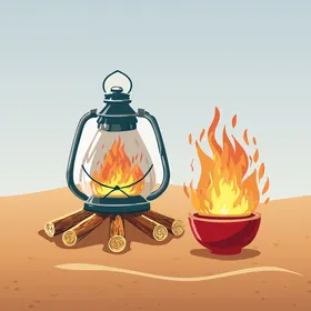 The soft sand dunes in the calm atmosphere, a cartoon drawing of a flame with a lit metal lantern beside it, a wild camping trip in the desert, a flame for warmth, vector illustration.