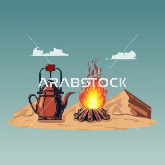 السماء الزرقاء والكثبان الرملية الناعمة في الأجواء الهادئة، رسم كرتوني لشعلة من النار وبجانبها إبريق شاي معدني ، رحلة تخييم برية في الصحراء،  شعلة من النار للتدفئة، فيكتور اليستريتور