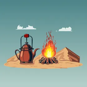 The blue sky and soft sand dunes in the calm atmosphere, a cartoon drawing of a flame with a metal teapot beside it, a wild camping trip in the desert, a flame for warmth, vector illustrator.