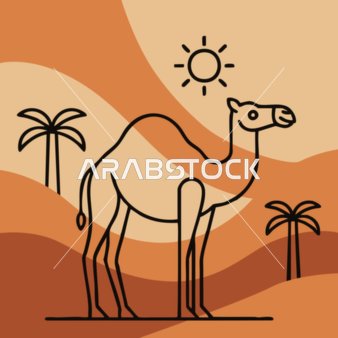مفهوم الاهتمام والعناية بالثدييات وحيوان الجمل، وسائل النقل القديمة في بادية المملكة العربية السعودية, رسم توضيحي لناقة بنية اللون تمشي وسط الصحراء بجانبه أشجار النخيل، خلفية صحراء, فيكتور اليستريتور