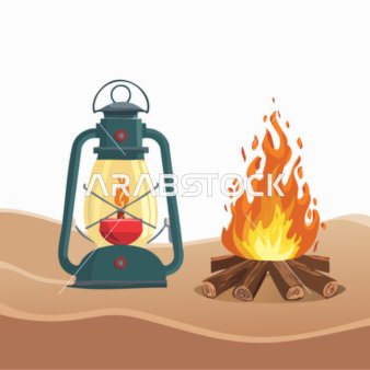The soft sand dunes in the calm atmosphere, a cartoon drawing of a flame with a lit metal lantern beside it, a wild camping trip in the desert, a flame for warmth, vector illustration.