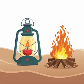 The soft sand dunes in the calm atmosphere, a cartoon drawing of a flame with a lit metal lantern beside it, a wild camping trip in the desert, a flame for warmth, vector illustration.