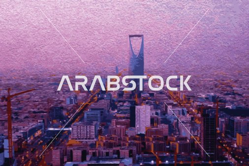 تنمية وتطور العمران في المملكة العربية السعودية، رسم توضيحي لانعكاس المباني السكنية والتجارية على برج المملكة في مدينة الرياض، حركة المرور في الطرقات والشوارع، فيكتور اليستريتور