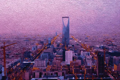 تنمية وتطور العمران في المملكة العربية السعودية، رسم توضيحي لانعكاس المباني السكنية والتجارية على برج المملكة في مدينة الرياض، حركة المرور في الطرقات والشوارع، فيكتور اليستريتور