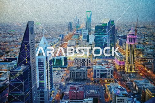 النمو وتطور العمران في المملكة العربية السعودية، رسم توضيحي لابراج وناطحات السحاب المملكة في مدينة الرياض، حركة المرور في الطرقات والشوارع، فيكتور اليستريتور