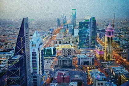 النمو وتطور العمران في المملكة العربية السعودية، رسم توضيحي لابراج وناطحات السحاب المملكة في مدينة الرياض، حركة المرور في الطرقات والشوارع، فيكتور اليستريتور