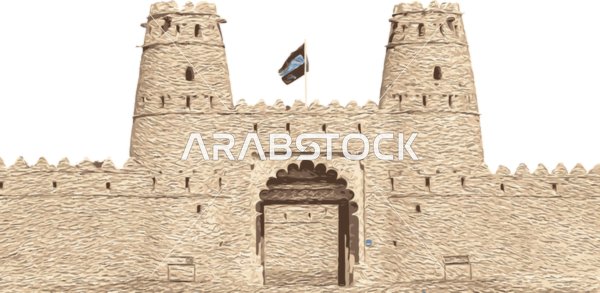An illustration of the design of Al Jahili Fort, Al Ain city, United Arab Emirates, famous historical and archaeological sites and landmarks, vector illustration.