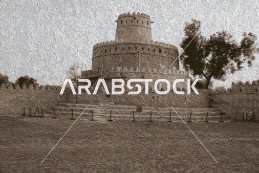 رسم توضيحي لتصميم قلعة الجاهلي ، مدينة العين الاماراتية ، دولة الامارات العربية ، مواقع ومعالم تاريخيه أثرية مشهورة،  فيكتور اليستريتور.