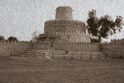 رسم توضيحي لتصميم قلعة الجاهلي ، مدينة العين الاماراتية ، دولة الامارات العربية ، مواقع ومعالم تاريخيه أثرية مشهورة،  فيكتور اليستريتور.