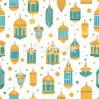 قالب يستخدم في بطاقات رمضان، رسم كرتوني لنمط سلس فوانيس رمضان منوعة مزخرفة باللونين الذهبي والفيروزي ونجوم، خلفية بيضاء، فيكتور اليستريتور