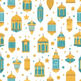 قالب يستخدم في بطاقات رمضان، رسم كرتوني لنمط سلس فوانيس رمضان منوعة مزخرفة باللونين الذهبي والفيروزي ونجوم، خلفية بيضاء، فيكتور اليستريتور
