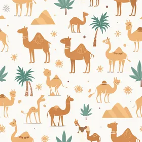 الحيوانات الثدييات الابل ، رسم كرتوني لنمط سلس جمال وعناصر الصحراء نباتات خضراء صغيرة، خلفية بيضاء، فيكتور اليستريتور