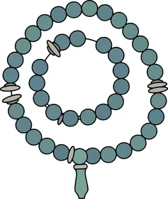 الاجتهاد في العبادة والتقرب لرب العالمين في شهر الخير, رسم توضيحي لسبحة فيروزية اللون على الطراز الإسلامي, التسبيح وذكر الله تعالى في رمضان المبارك, خلفية بيضاء، فيكتور اليستريتور