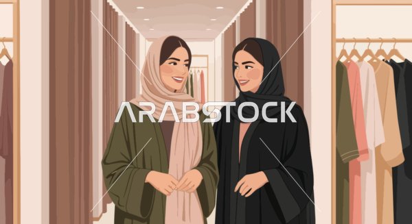 متعة التوسق مع الأصدقاء، رسم توضيحي لامرأتان مبتسمتان ترتديان الزي التقليدي تستمتعان بتجربة تسوق ممتعة،  تتصفحان العبايات الأنيقة والأزياء المحتشمة في بوتيك حديث، فيكتور اليستريتور.