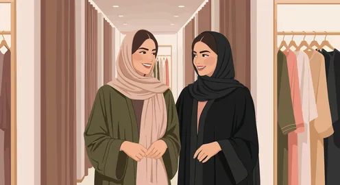 متعة التوسق مع الأصدقاء، رسم توضيحي لامرأتان مبتسمتان ترتديان الزي التقليدي تستمتعان بتجربة تسوق ممتعة،  تتصفحان العبايات الأنيقة والأزياء المحتشمة في بوتيك حديث، فيكتور اليستريتور.