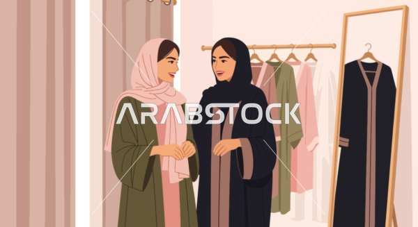 متعة التوسق مع الأصدقاء، رسم توضيحي لامرأتان مبتسمتان ترتديان الزي التقليدي تستمتعان بتجربة تسوق ممتعة،  تتصفحان العبايات الأنيقة والأزياء المحتشمة في بوتيك حديث، فيكتور اليستريتور.