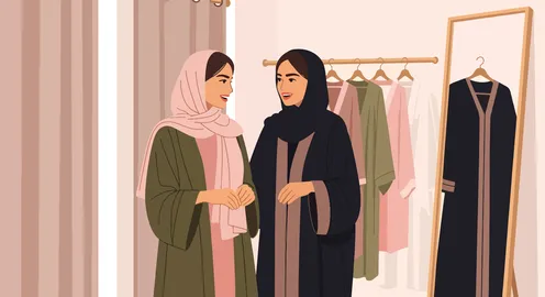 متعة التوسق مع الأصدقاء، رسم توضيحي لامرأتان مبتسمتان ترتديان الزي التقليدي تستمتعان بتجربة تسوق ممتعة،  تتصفحان العبايات الأنيقة والأزياء المحتشمة في بوتيك حديث، فيكتور اليستريتور.