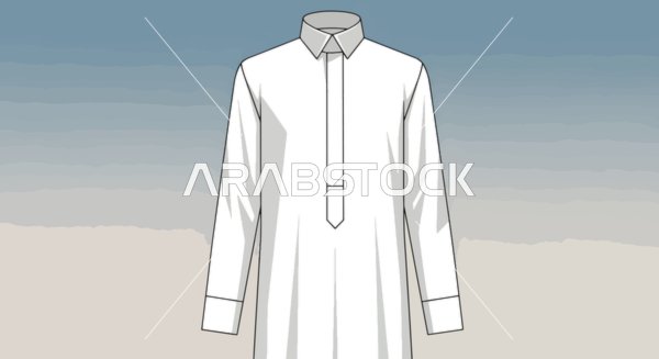A pristine white traditional Arab thobe, elegantly designed with a classic collar and long sleeves, representing cultural attire.