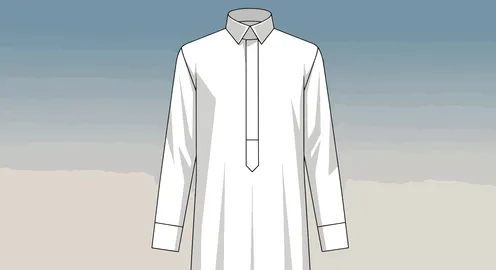 A pristine white traditional Arab thobe, elegantly designed with a classic collar and long sleeves, representing cultural attire.