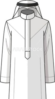 Classic men's attire in the Middle East and cultural heritage, an illustration of a traditional bright white Arab garment with a ghutrah and agal, elegantly designed with a classic collar and long sleeves, white background, vector illustration.