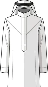 Classic men's attire in the Middle East and cultural heritage, an illustration of a traditional bright white Arab garment with a ghutrah and agal, elegantly designed with a classic collar and long sleeves, white background, vector illustration.