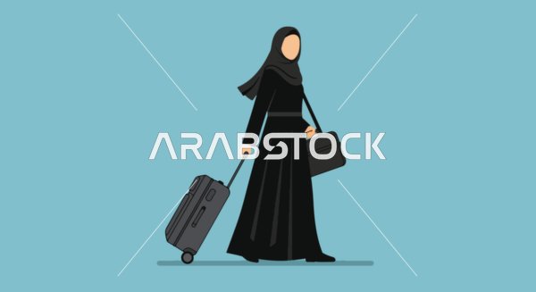 Discovering the surrounding world, going to the airport for the departure trip, a cartoon vector of a Saudi Gulf Arab woman in a hijab holding a travel bag in one hand and carrying a shoulder bag, tourism and travel and transportation, blue background, vector illustrator.
