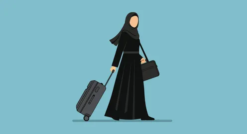 Discovering the surrounding world, going to the airport for the departure trip, a cartoon vector of a Saudi Gulf Arab woman in a hijab holding a travel bag in one hand and carrying a shoulder bag, tourism and travel and transportation, blue background, vector illustrator.