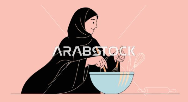 The warmth of home cooking, a cartoon drawing of a Gulf Arab Saudi woman in a hijab wearing a black abaya, cooking and stirring ingredients in a light blue pot, the skill and art of cooking, pink background, vector illustration.