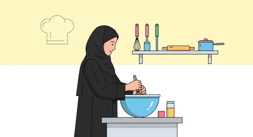 مهارة وفن الطهي، دفء الطهي المنزلي، رسم كرتوني لامرأة عربية خليجية سعودية محجبة ترتدي عباءة سوداء  تقوم بتحضير الطعام بجد في مطبخ عصري وتحرك المكونات في وعاء أزرق فاتح، فيكتور اليستريتور.