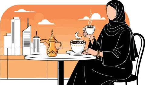 دلة تقليدية وأفق مدينة حديث عند غروب الشمس، رسم كرتوني لامرأة عربية خليجية سعودية محجبة ترتدي عباءة سوداء  تستمتع بمشروب دافئ في مقهى خارجي، الوقت الشخصي في جلسة هادئة، فيكتور اليستريتور.