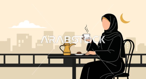 A traditional dallah and a modern city skyline at sunset, a cartoon drawing of a Saudi Arabian Gulf woman in a hijab wearing a black abaya enjoying a warm drink at an outdoor café, personal time in a quiet session, vector illustration.