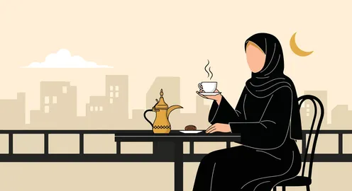A traditional dallah and a modern city skyline at sunset, a cartoon drawing of a Saudi Arabian Gulf woman in a hijab wearing a black abaya enjoying a warm drink at an outdoor café, personal time in a quiet session, vector illustration.