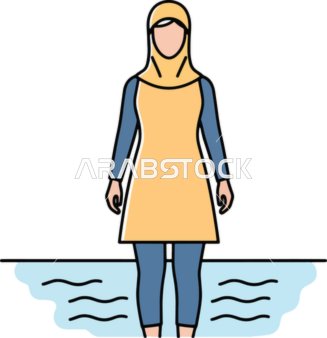 قضاء وقت ممتع في الاجازة الصيفية، انشطة ترفيهيه شبابية, رسوم كرتونية لامرأة عربيه خليجية محجبة مسلمة ترتدي أزياء السباحة المحتشمة تقف على شاطئ البحر, فيكتور اليستريتور