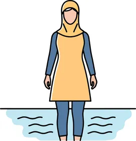 قضاء وقت ممتع في الاجازة الصيفية، انشطة ترفيهيه شبابية, رسوم كرتونية لامرأة عربيه خليجية محجبة مسلمة ترتدي أزياء السباحة المحتشمة تقف على شاطئ البحر, فيكتور اليستريتور