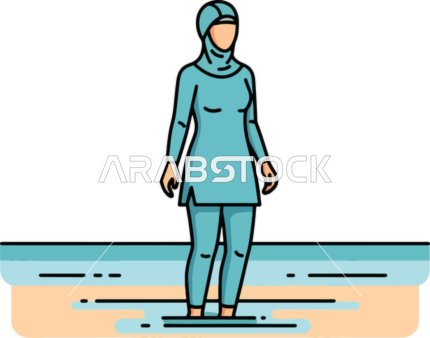 قضاء وقت ممتع في الاجازة الصيفية، انشطة ترفيهيه شبابية, رسوم كرتونية لامرأة عربيه خليجية محجبة مسلمة ترتدي أزياء السباحة المحتشمة تقف على شاطئ البحر, فيكتور اليستريتور