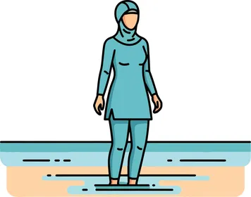 قضاء وقت ممتع في الاجازة الصيفية، انشطة ترفيهيه شبابية, رسوم كرتونية لامرأة عربيه خليجية محجبة مسلمة ترتدي أزياء السباحة المحتشمة تقف على شاطئ البحر, فيكتور اليستريتور