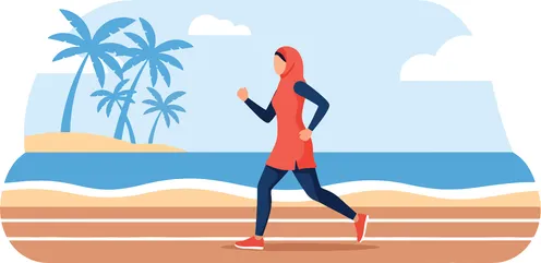 Maintaining health and fitness, youth recreational activities, cartoon drawings of an Arab Gulf Muslim woman wearing modest sportswear practicing running, vector illustrator.