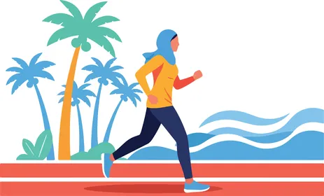 المحافظة على الصحة واللياقة، انشطة ترفيهيه شبابية, رسوم كرتونية لامرأة عربيه خليجية محجبة مسلمة ترتدي أزياء رياضية المحتشمة تقوم بممارسة رياضة الجري, فيكتور اليستريتور