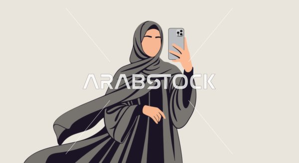 توثيق اللحظات السعيدة، رسم كرتوني لامرأة عربية خليجية سعودية مبتسمة ترتدي عباءة تلتقط صورة سيلفي تذكارية باستخدام الهاتف المحمول، ملامح النعومة والأنوثة، خلفية بيضاء، فيكتور اليستريتور