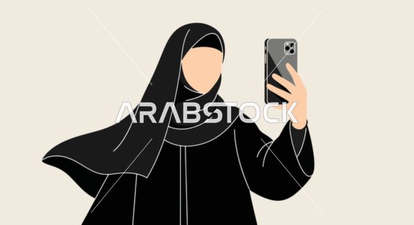 Documenting happy moments, a cartoon drawing of a smiling Saudi Gulf Arab woman wearing an abaya taking a commemorative selfie with a mobile phone, features of softness and femininity, white background, vector illustration.