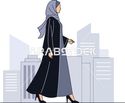 رسم كرتوني لامرأة عربية خليجية سعودية ترتدي عباءة وحجاب، ملامح النعومة والأنوثة، خلفية الابراج والمباني، فيكتور اليستريتور