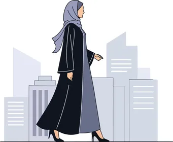 رسم كرتوني لامرأة عربية خليجية سعودية ترتدي عباءة وحجاب، ملامح النعومة والأنوثة، خلفية الابراج والمباني، فيكتور اليستريتور