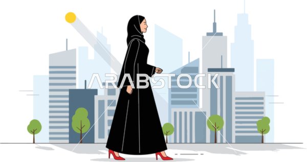رسم كرتوني لامرأة عربية خليجية سعودية ترتدي عباءة وحجاب، ملامح النعومة والأنوثة، خلفية الابراج والمباني، فيكتور اليستريتور