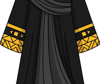 رسم توضيحي لعباءة سوداء أنيقة بتطريزات ذهبية هندسية على الأكمام،  الأناقة التقليدية للأزياء الإسلامية في المملكة العربية الخليجية، خلفية بيضاء، فيكتور اليستريتور.