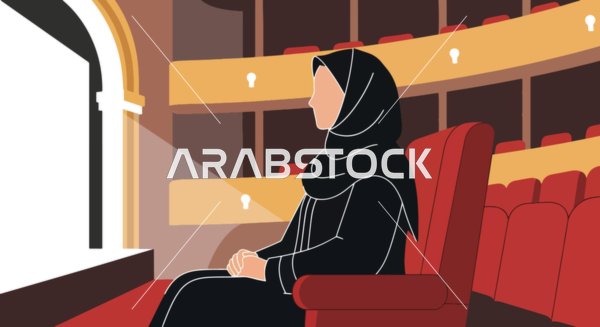 Graphic vector of a Saudi Arabian Gulf woman wearing a black abaya, sitting in a movie theater, a theater hall, entertainment and having a good time, watching enjoyable movies in the cinema, vector illustrator.