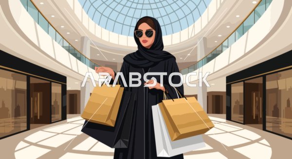 التسوق في المولات والمتاجر السعودية، مواكبة أحدث صيحات الموضة، الاناقة والاهتمام بالمظهر الخارجي، فيكتور جرافيك لسيدة عربية خليجية سعودية محجبة ترتدي عباءة سوداء ونظارات شمسية تحمل أكياس ورقية ملونة، فيكتور اليستريتور  .