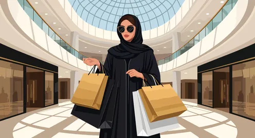 التسوق في المولات والمتاجر السعودية، مواكبة أحدث صيحات الموضة، الاناقة والاهتمام بالمظهر الخارجي، فيكتور جرافيك لسيدة عربية خليجية سعودية محجبة ترتدي عباءة سوداء ونظارات شمسية تحمل أكياس ورقية ملونة، فيكتور اليستريتور  .