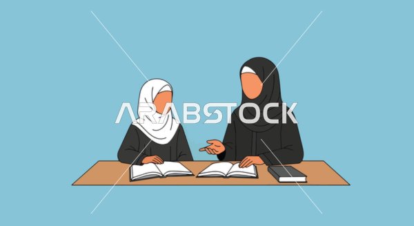 مفهوم شرح المناهج المقررة في المدارس، رسوم توضيحية لمعلمة عربية خليجية سعودية ترتدي عباءة تجلس في المقعد تقوم بشرح الدرس لطالبة صغيرة، خلفية زرقاء، فيكتور اليستريتور