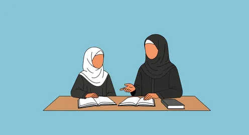 The concept of explaining the curricula prescribed in schools, illustrative drawings of an Arab Gulf Saudi teacher wearing an abaya sitting in a chair explaining the lesson to a young student, blue background, vector illustrator.