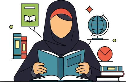 The concept of self-learning, reading books and novels, an illustration of a Saudi Gulf Arab woman in a hijab sitting behind a study desk holding a book in her hand, surrounded by books and a globe, commitment to education and acquiring knowledge, vector illustrator.